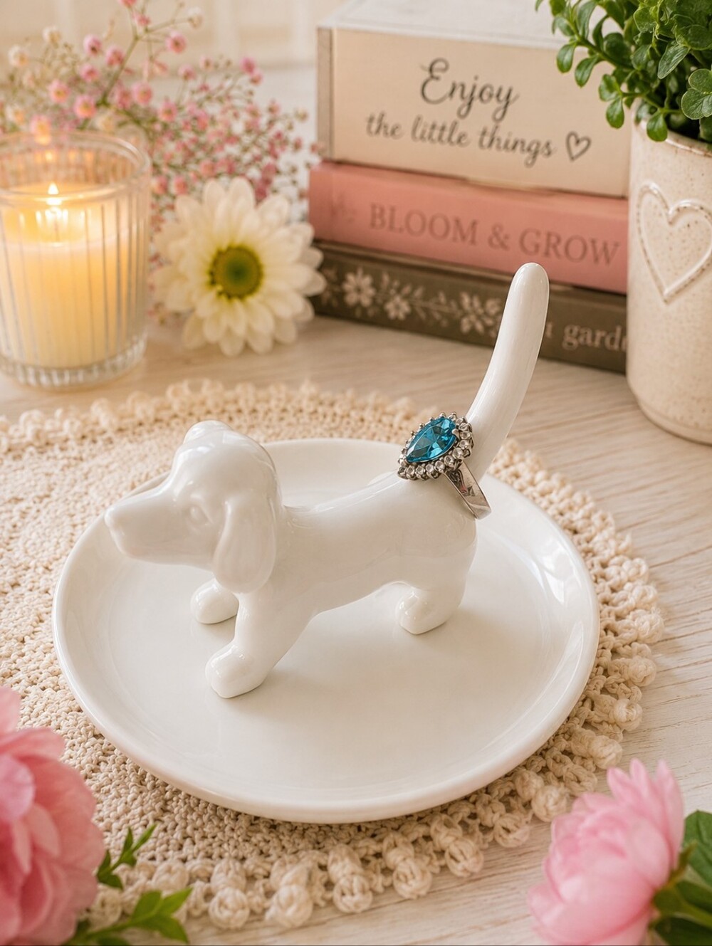 White Ceramic Puppy Ring Holder Trinket Dish | Jewelry Organizer | NWOT - Picture 2 of 3